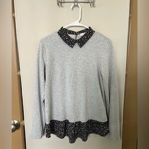 Loft Womens Medium Grey Floral Trim Collared Long Sleeve Top